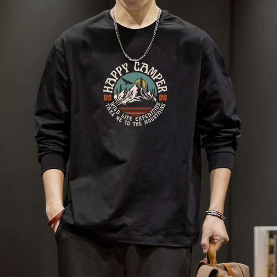 
2026 new 260g pure cotton long-sleeved T-shirt men's spring and autumn round neck all-match sweatshirt trendy brand ins loose bottoming shirt