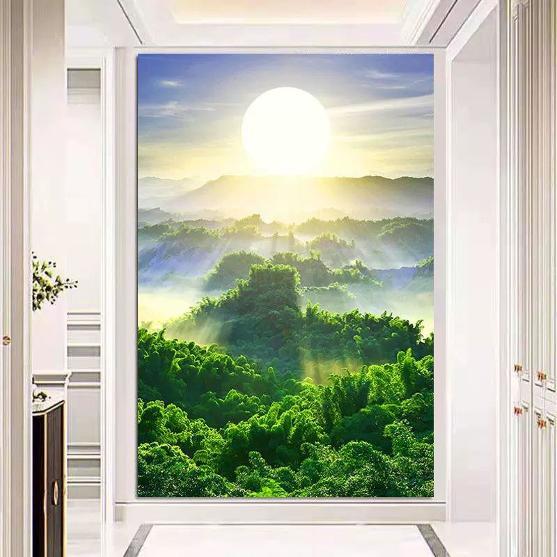 旭日東昇圖 旭日东升风景装饰画太阳日出壁画中式风格招财靠山风水画