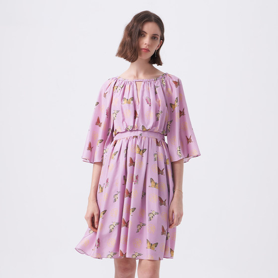 
HUI Hua Mang Silk Silk Heavy Industry Pleated Flared Sleeve Milan Custom Pink Beautiful Short Sleeve High Waist Dress