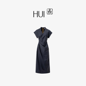 
HUI Hui environmentally friendly imitation madai blue wrap elegant high waist slim mid-length dress