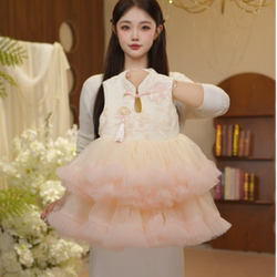 【Pink Mist Cloud Dress】Girls' 2026 New Chinese Style National Style Formal Dress Cake Dress Gradient Pink Dress Princess