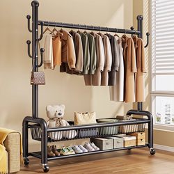 German-Style Clothes Rack, Bedroom Clothes Drying Rack, Indoor Thickened Floor-Standing Household Room Clothes Hanger, Simple Coat Rack