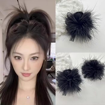 Temperament high ponytail bow black feather grab clip for women