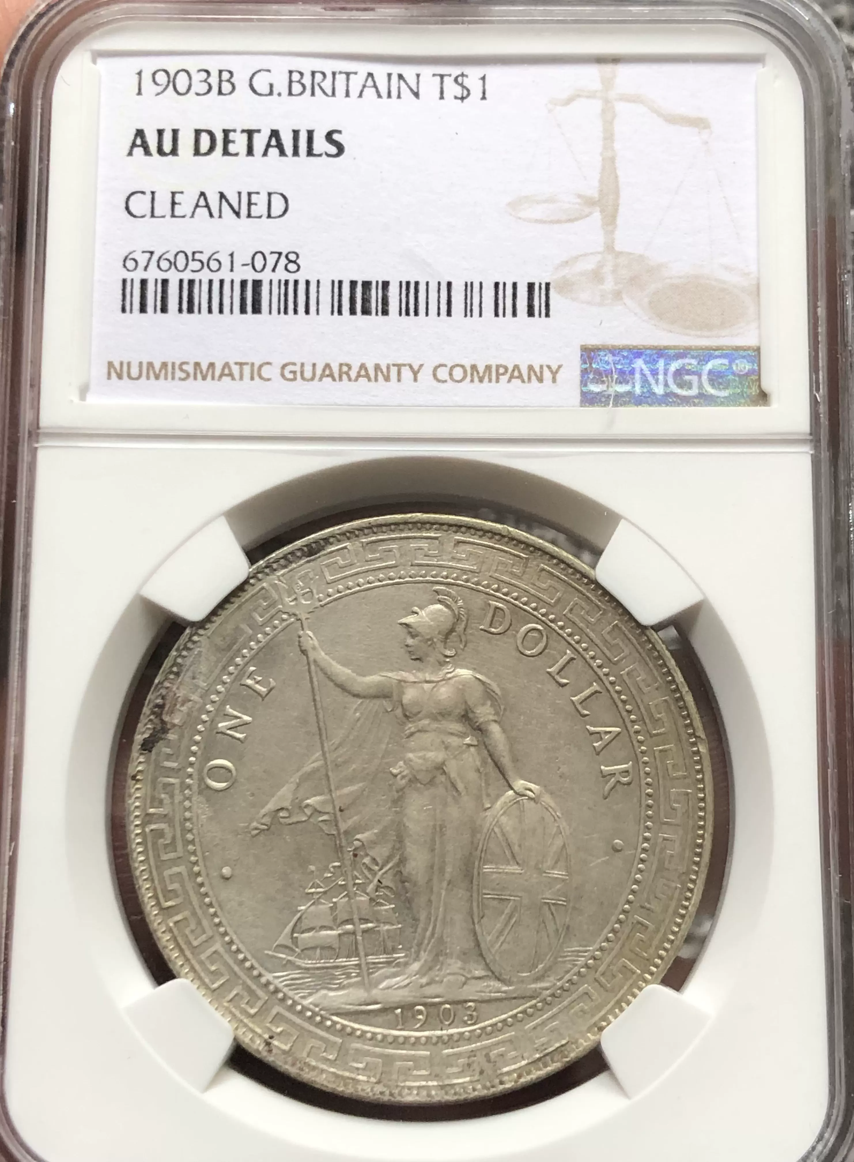 英国1903年1元大型贸易银（厂标：B，站洋，NGC AUD）-Taobao