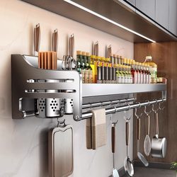 304 Stainless Steel Kitchen Storage Rack, Spice Storage Rack, Multi-Functional Chopstick and Knife Holder, Integrated Wall-Mounted Storage