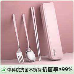 Stainless Steel Chopsticks and Spoon Set, Single-Person Portable Cutlery Set for Children, Three-Piece Student Storage Box