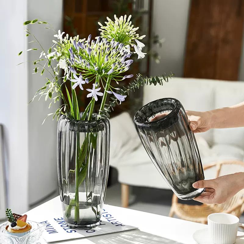 北欧现代透明玻璃花瓶插花花器高级感超大号水养鲜花百合家居摆件-Taobao
