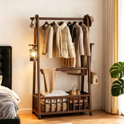 Solid Wood Coat Rack in Vintage Style, Rubberwood Floor-Standing Clothes Rack, Movable Bedside Storage Rack with Basket for Bedroom