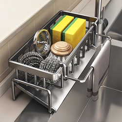 Kitchen Storage Rack, Draining Rack, Cloth Storage, Faucet, Sink, Dishwashing Sink, Steel Wool Ball Supplies Storage Organizer