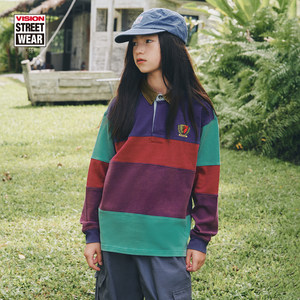 
VISION children's clothing American retro loose color-blocked long-sleeved POLO shirt T-shirt for men and women 26 spring new style