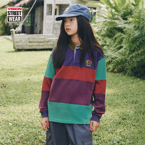 
VISION children's clothing American retro loose color-blocked long-sleeved POLO shirt T-shirt for men and women 26 spring new style