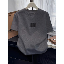 Gray Regular Shoulder Pure Cotton Short-Sleeve T-Shirt for Women, 2025 Summer New Fashion Versatile Top, Basic Thin T-Shirt