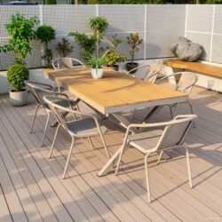 Outdoor Table and Chair Set for Courtyard, Garden, Villa, Outdoor Patio, Multi-Person Use, Made of Alloy Steel and Plastic Wood, Rain-Resistant