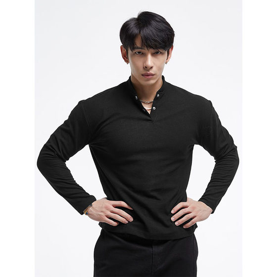 
Autumn and winter new t-shirt new Chinese style Henry collar long-sleeved polo shirt simple solid color fitness men's top