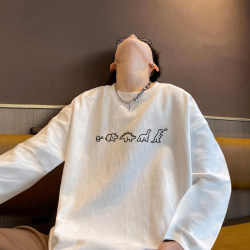 Pure Cotton ins Versatile Dinosaur Crew Neck Long-Sleeve Men's T-Shirt, Loose Fit, 230g Heavyweight, Trendy Casual Base Shirt, Spring and Autumn Style