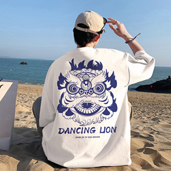 National Trend Creative Short-Sleeve T-Shirt for Men, Summer Casual Heavyweight Pure Cotton Top, New Chinese Style Lion Dance Versatile Couple Half-Sleeve