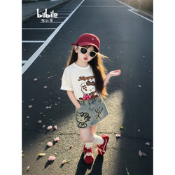 Girls' Short-Sleeved T-Shirt 2026 New Style Super Stylish Children's Clothing Trendy Summer Kids' Outfit Kt Cat Denim Skirt Set