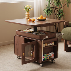 Medieval-Style All-Solid Wood Side Table, Multi-Functional Movable Sofa, Lift-Up Coffee Table, Foldable Balcony Tea Table for Small Apartments