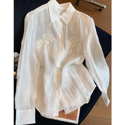 French-Style Floral Beaded Embroidery Cotton-Linen Shirt for Women, New Spring-Summer Model, Old Money Style, Versatile, Casual, Sun-Protective Shirt