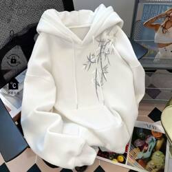 Nasa Autumn and Winter Fleece-Lined Heavyweight National Trend New Chinese Style Ink Bamboo Print Hooded Sweatshirt Unisex Loose Top Jacket