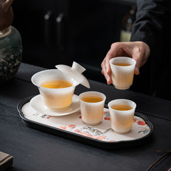 Ice Jade Gaiwan Tea Set, Three-Piece Bowl, Kung Fu Tea Set, Three Cups, Simple Home Use, Dry Brewing Tray, Anti-Scalding