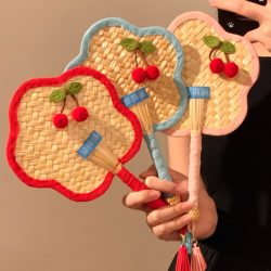 Cute Cherry Summer Hand-Woven Cattail Fan Durable 2025 New Model Portable Hand Fan for Women Prop