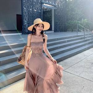 2025夏季高腰显瘦定染干枯玫瑰拼接蕾丝长款抹胸连衣裙女