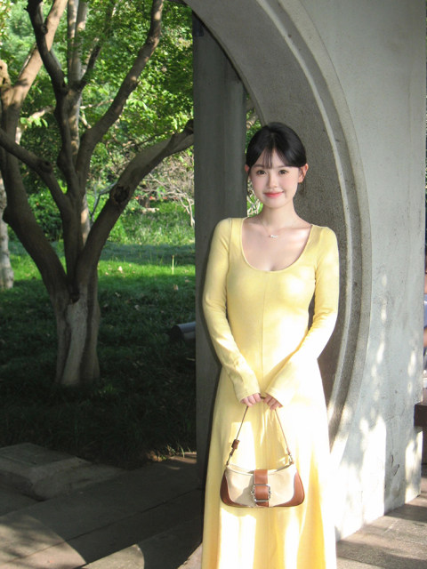 Autumn New Women Elegant Retro French Round Neck High Waist Dress Skirt