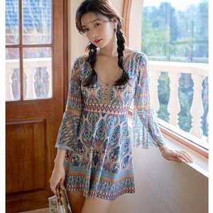 
Couple swimsuit resort style slimming belly-covering one-piece conservative boxer-angle hot spring with sleeves sun protection women's large size swimsuit