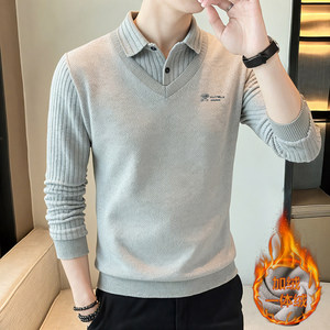
Autumn and winter men's fake two-piece knitted sweater plus velvet thickened sweater one-piece velvet lapel Polo bottoming shirt for young and middle-aged people