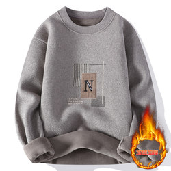 2025 New Autumn and Winter Sweater Men's Round Neck Fleece-Lined Thickened Sweatshirt Youth Warm Long-Sleeve T-Shirt with Embroidery