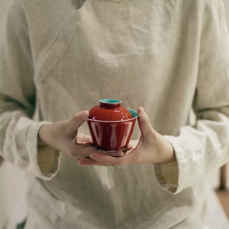 龙泉青瓷名家手工跳刀灰釉盖碗茶具：碧水流年- 匠琳琅
