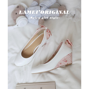 Sweet design polka dot wedge heel bow Lolita shoes for women 2026 new white round toe shallow mouth high heel shoes
