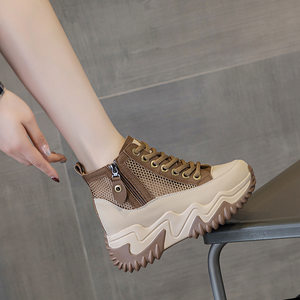 High -help shoes women's summer breathable mesh increase women's shoes 8cm leather white shoes casual sports thick sole net shoes
