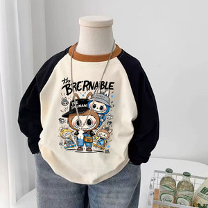
100% cotton boys' spliced long-sleeved T-shirt 2026 spring and autumn new style small and medium-sized children's baby cartoon style top