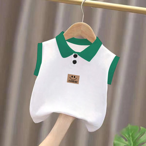 
100% cotton boys' polo shirt, color-blocked sleeveless vest, summer style, simple printed top for small and medium-sized children and babies