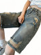 Large size ripped five-point pants denim shorts women's fat mm summer thin American high waist loose straight-leg hot pants