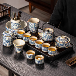 2025 New Style Blue and White Porcelain Tea Set for Home Use, Light Luxury High-End Ru Kiln Gaiwan, Handle Teapot, Kung Fu Tea Cups for Drinking Tea