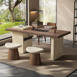 Vintage-Style Travertine Tea Table and Chair Set, Complete Small Balcony Tea Table with Integrated Multifunctional Storage, Designer Model