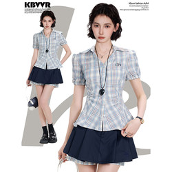 Blue Plaid Waist-Cinching Short-Sleeved Shirt for Women, Summer College Style, Waist-Cinching Short Puff-Sleeved Right-Shoulder Shirt Top