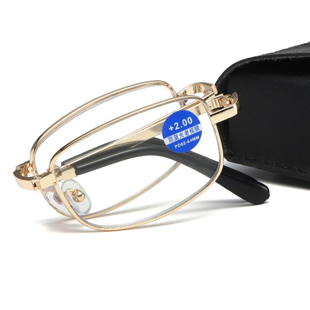 2 Pair Metal Compact Folding Anti-Blue Light Reading Glasses – With Carrying Case (Black, Unisex Adult)