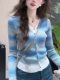 
2025 new Korean rainbow striped fake two-piece design sweater women's long-sleeved V-neck spliced ​​sweater top