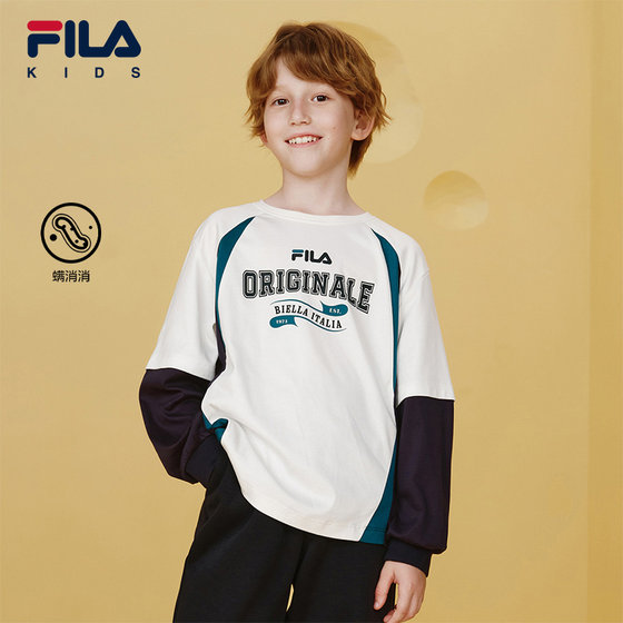 
[Mite elimination] FILA children's long-sleeved T-shirt boys 2025 winter big children's antibacterial fake two-piece tops