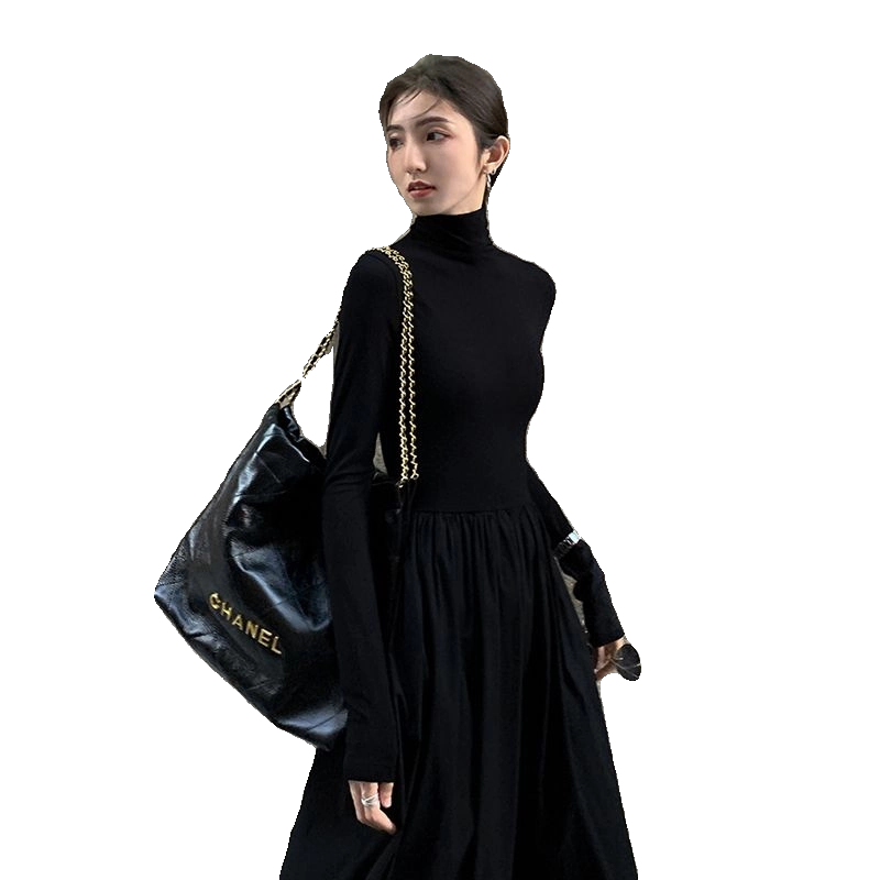 拉链款秋冬修身黑色连衣裙女款显瘦v领毛衣裙内搭性感紧身包臀裙