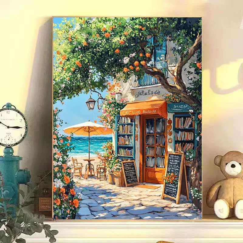 数字油画解压手工海边书店系列填色画无框数字油画风景