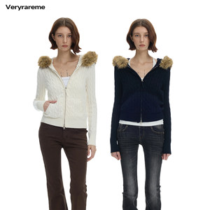 
Veryrareme twist hooded fur collar slim long sleeve knitted sweater jacket