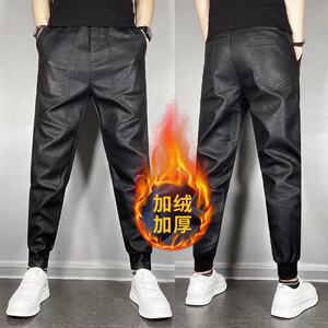 Men's velvet thickened leather pants riding locomotive windproof waterproof leather pants elastic casual warm straight tube long pants

