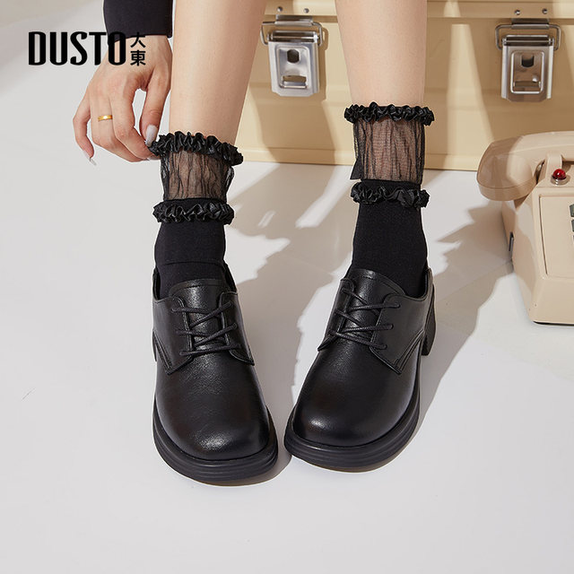 Dadong Oxford Women's Shoes 2025 Autumn New Fashionable Coarse Heel Medium Heel Round Head Lace Solid Color Q0013