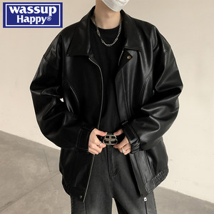 
wassup happy American motorcycle leather jacket men's 2026 new spring and autumn trendy brand loose lapel jacket