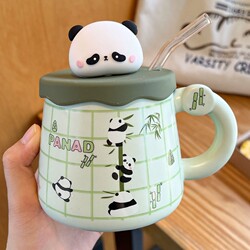 Japanese-Style Panda Ceramic Mug for Girls, Creative Cute Mug with Lid for Home, Office, Breakfast, Couple's Coffee